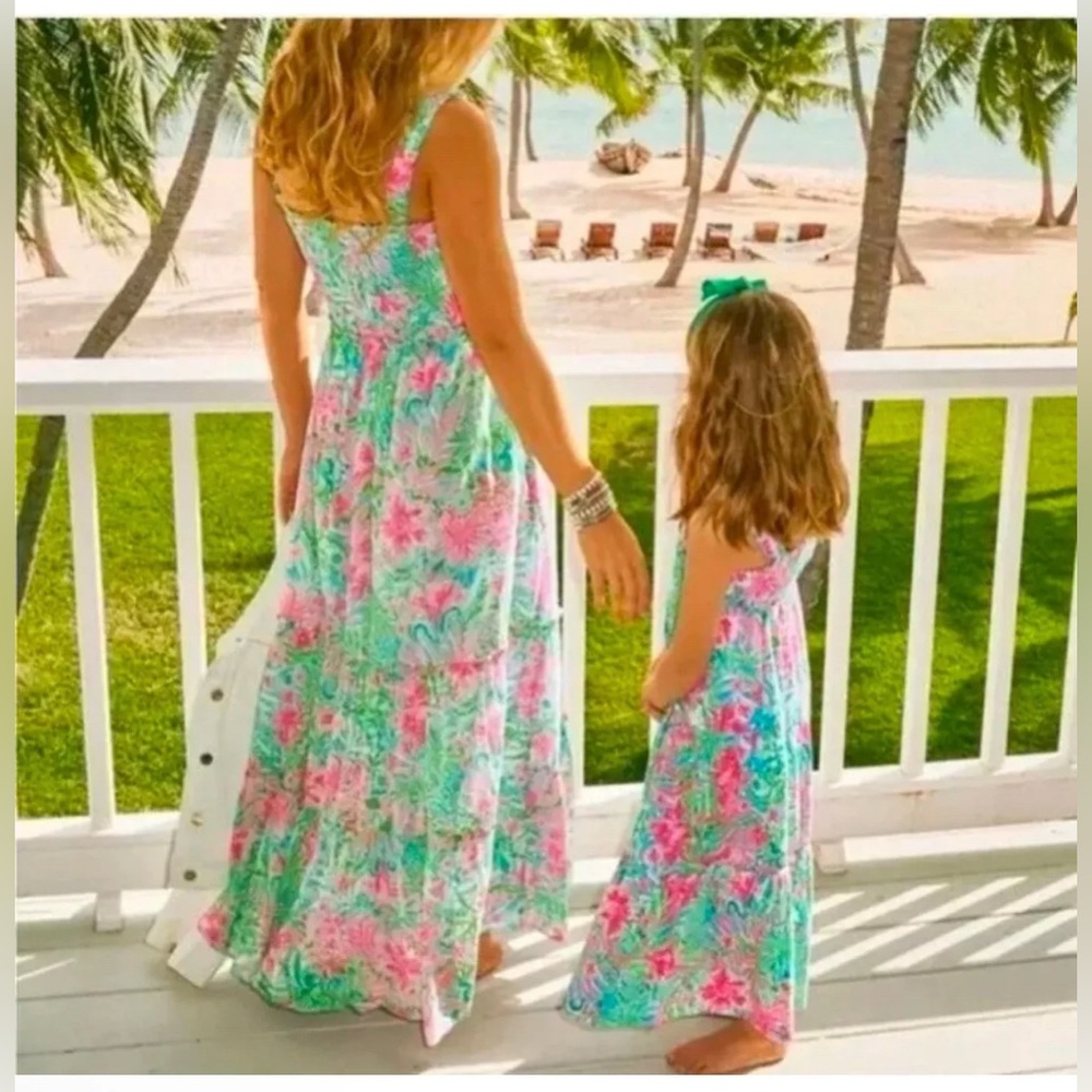 New Lilly Pulitzer Hardly Smocked Cotton Maxi Amalfi Blue Leaf It Wild Size XS - Picture 6 of 6